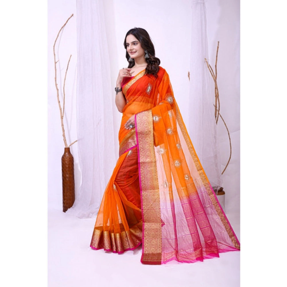 Women's Organza jacquard Embellished Saree With Unstitched Blouse 5.5Mtr (Orange)