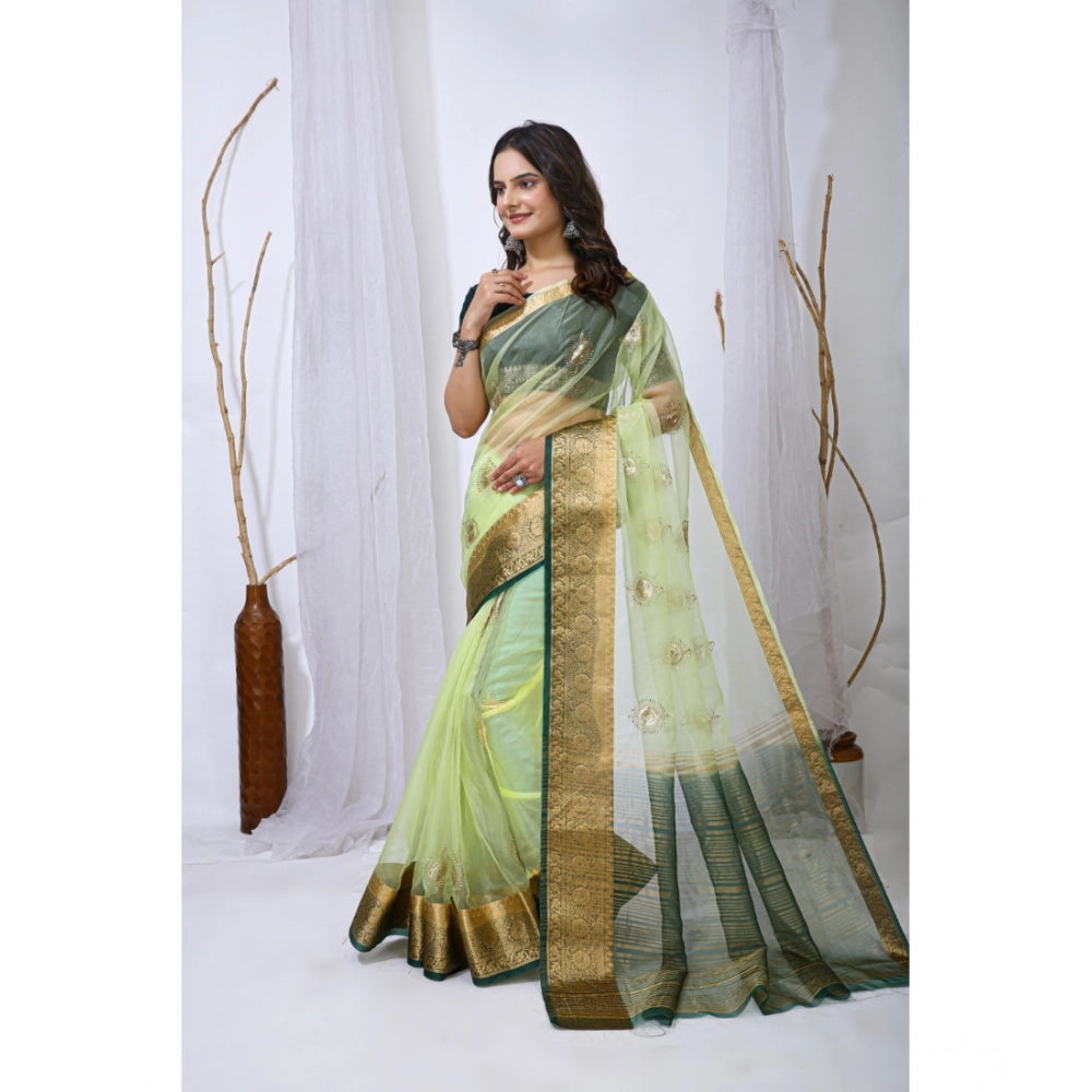 Women's Organza jacquard Embellished Saree With Unstitched Blouse 5.5Mtr (Light Green)