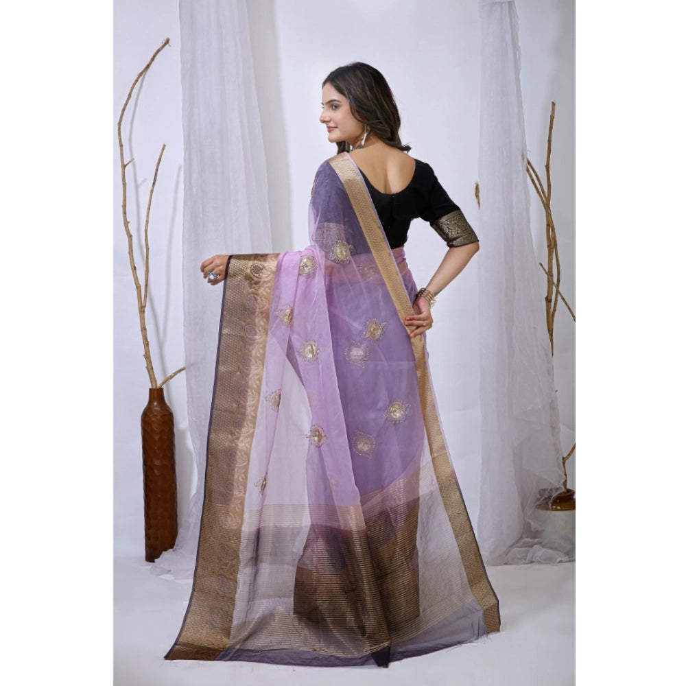 Women's Organza jacquard Embellished Saree With Unstitched Blouse 5.5Mtr (Purple)