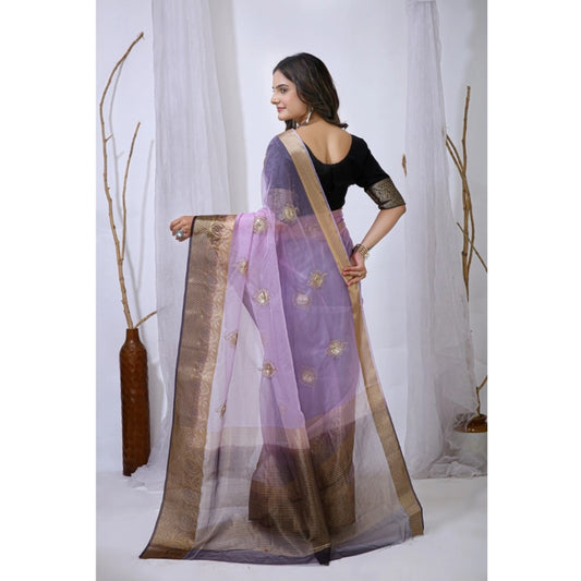 Women's Organza jacquard Embellished Saree With Unstitched Blouse 5.5Mtr (Purple)
