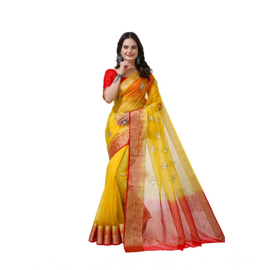 Women's Organza jacquard Embellished Saree With Unstitched Blouse 5.5Mtr (Yellow)