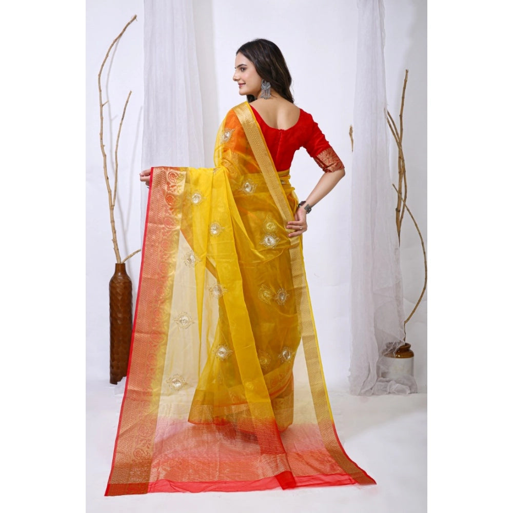 Women's Organza jacquard Embellished Saree With Unstitched Blouse 5.5Mtr (Yellow)