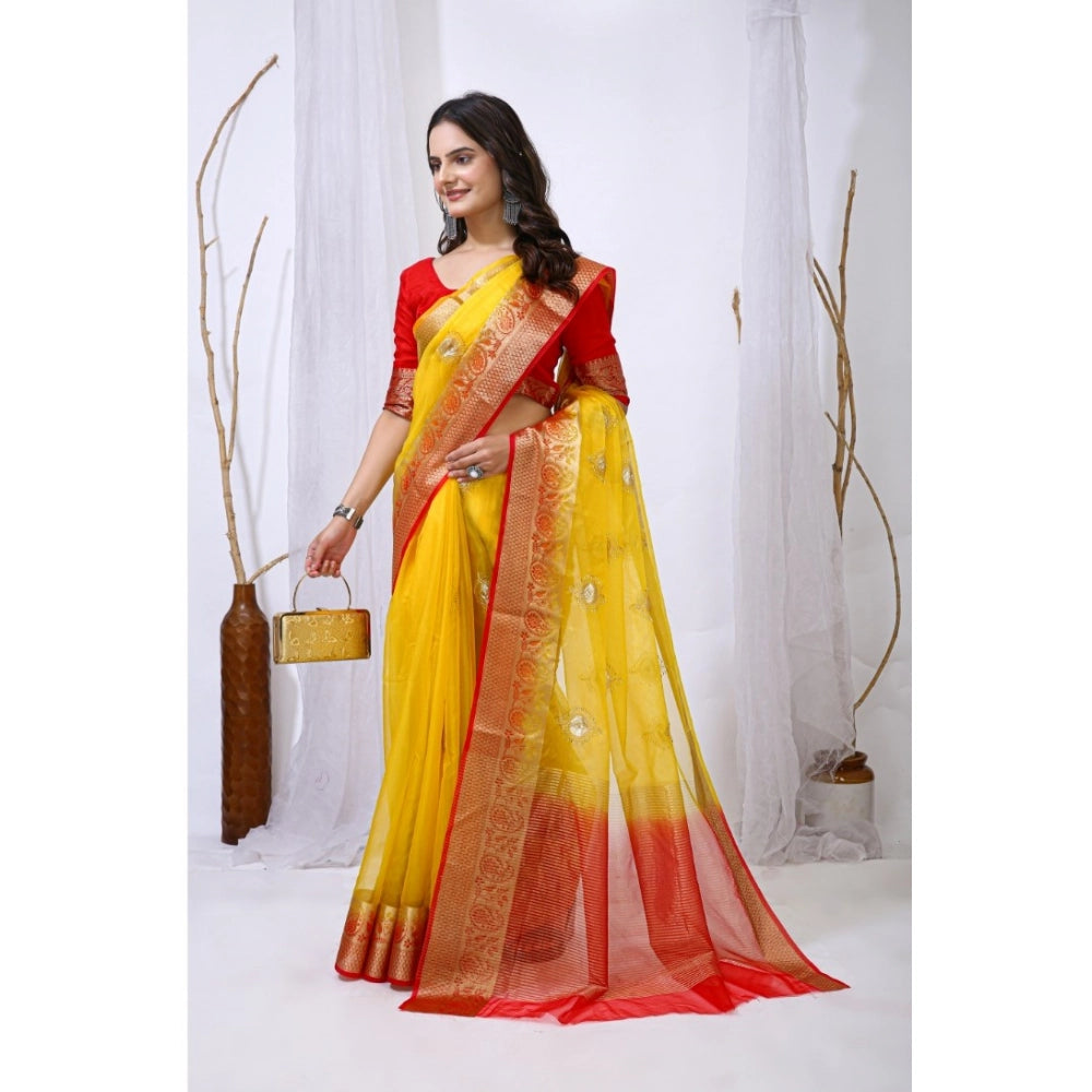 Women's Organza jacquard Embellished Saree With Unstitched Blouse 5.5Mtr (Yellow)