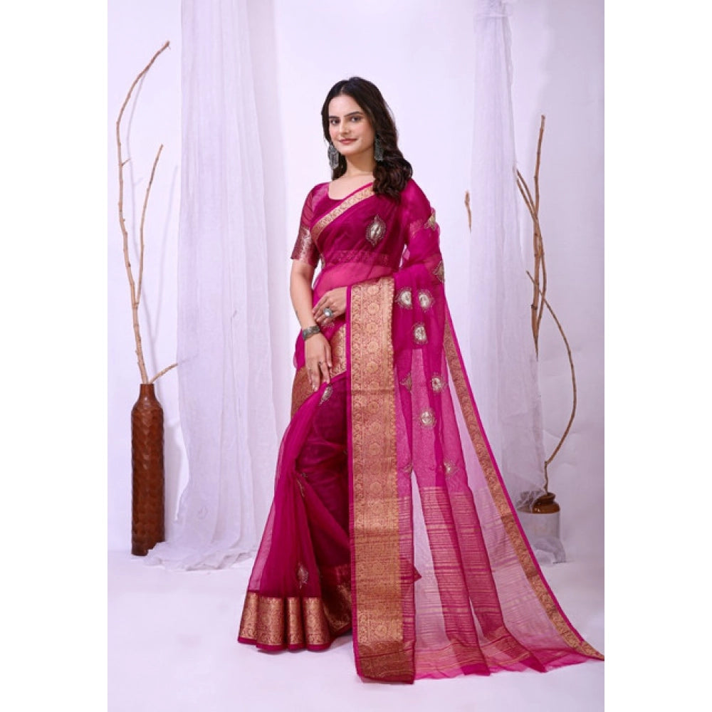 Women's Organza jacquard Embellished Saree With Unstitched Blouse 5.5Mtr (Pink)