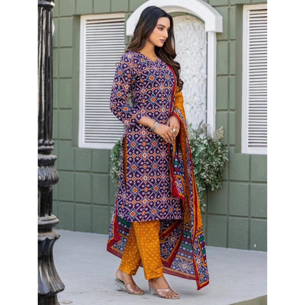 Generic Women's Cotton Blend Printed Kurti With Pant Dupatta Set (Navy Blue)