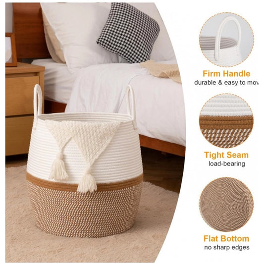 Cotton Matka With Handle 14x12 Inch Storage Basket For Clothes (Beige White)