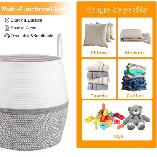 Cotton Matka With Handle 14x12 Inch Storage Basket For Clothes (Gray White)