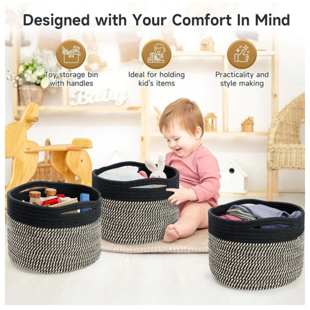 Cotton 9x7 Inch Pack of 3 Storage Basket For Clothes (Black-Beige)