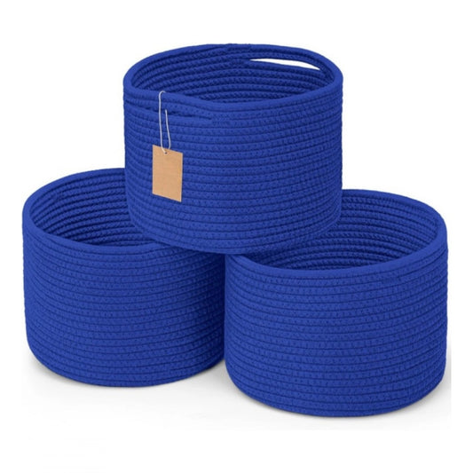 Cotton 9x7 Inch Pack of 3 Storage Basket For Clothes (Royal Blue)