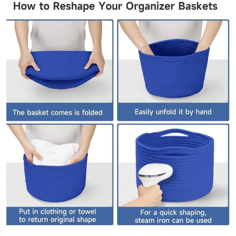 Cotton 9x7 Inch Pack of 3 Storage Basket For Clothes (Royal Blue)
