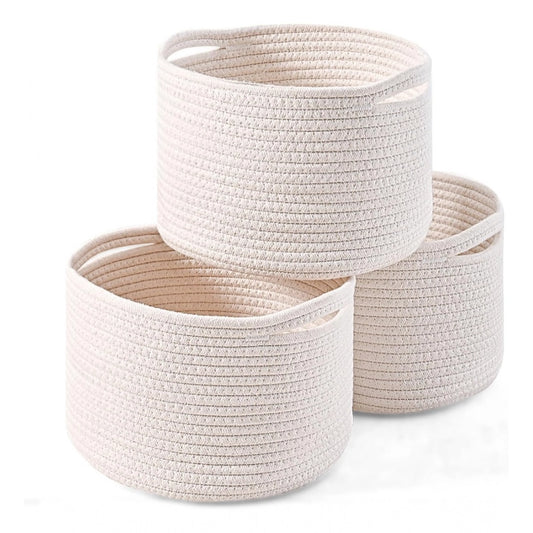 Cotton 9x7 Inch Pack of 3 Storage Basket For Clothes (White)