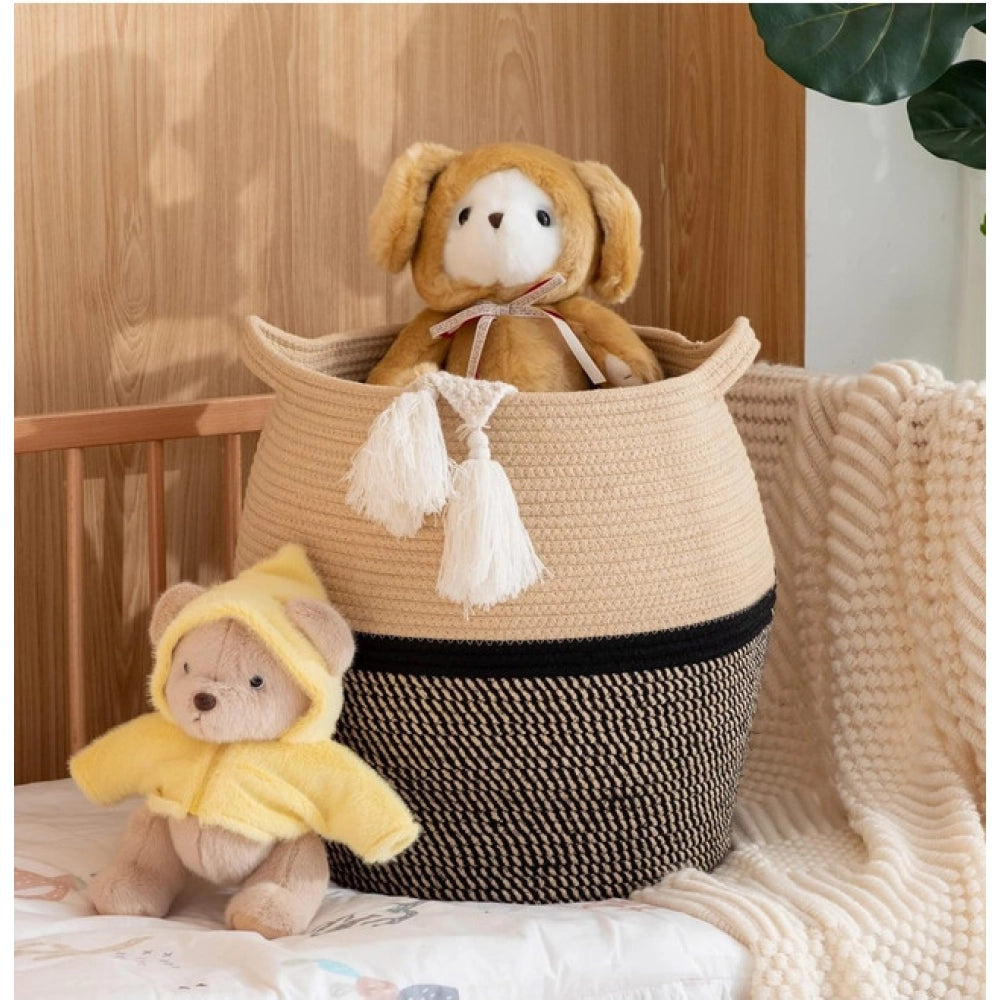 Cotton Matka 14x12 Inch Storage Basket For Clothes (Beige Black)