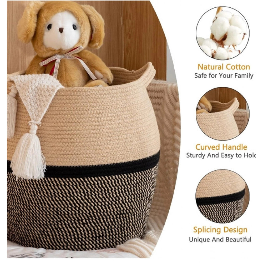 Cotton Matka 14x12 Inch Storage Basket For Clothes (Beige Black)