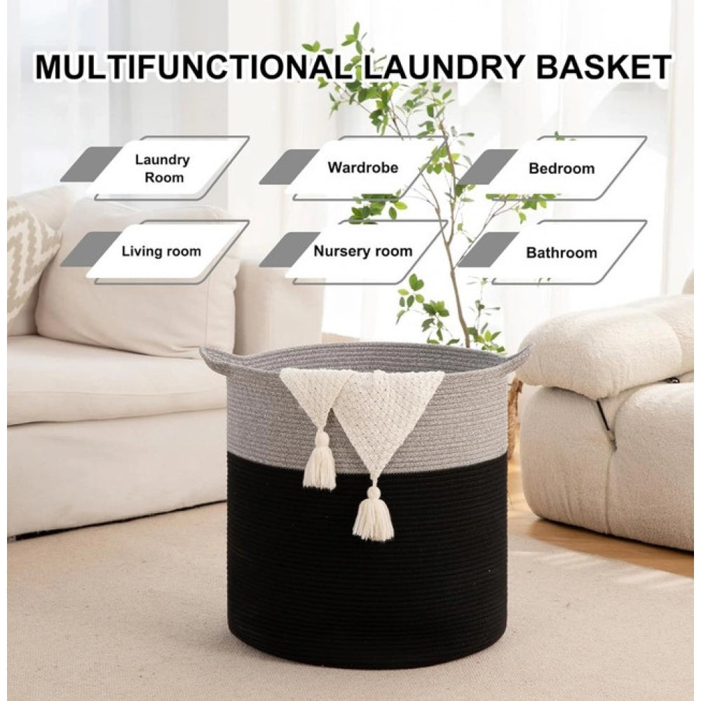 Cotton 12x14 Inch- 1 Pcs Storage Basket For Clothes (Gray-Black)