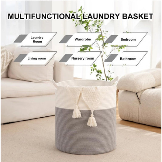 Cotton 12x14 Inch- 1 Pcs Storage Basket For Clothes (Gray-White)