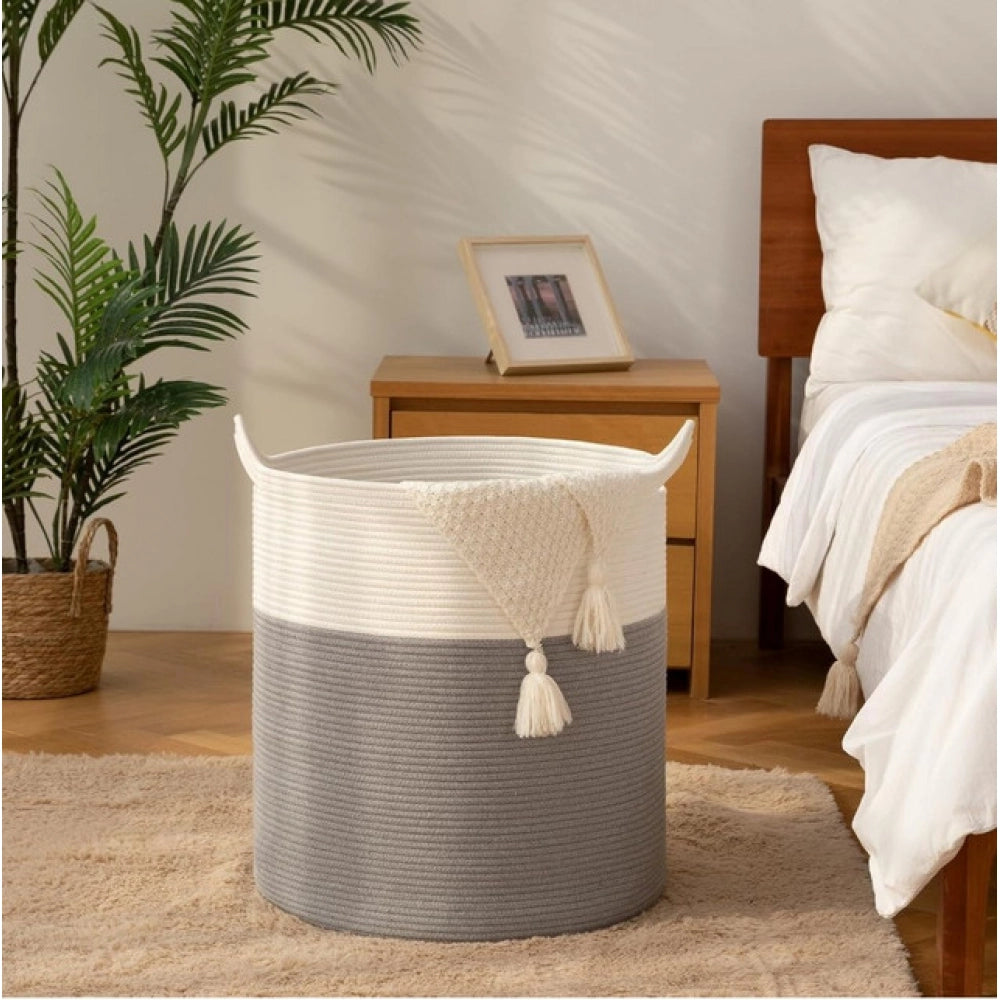 Cotton 12x14 Inch- 1 Pcs Storage Basket For Clothes (Gray-White)