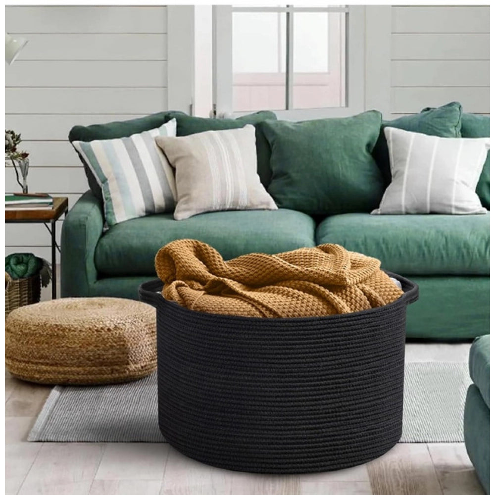 Cotton 14x12 Inch Pack of 1 Storage Basket For Clothes (Black)