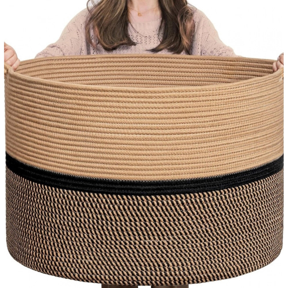 Cotton Dori 16x14 Inch Storage Basket For Clothes (Beige-Beige Black)