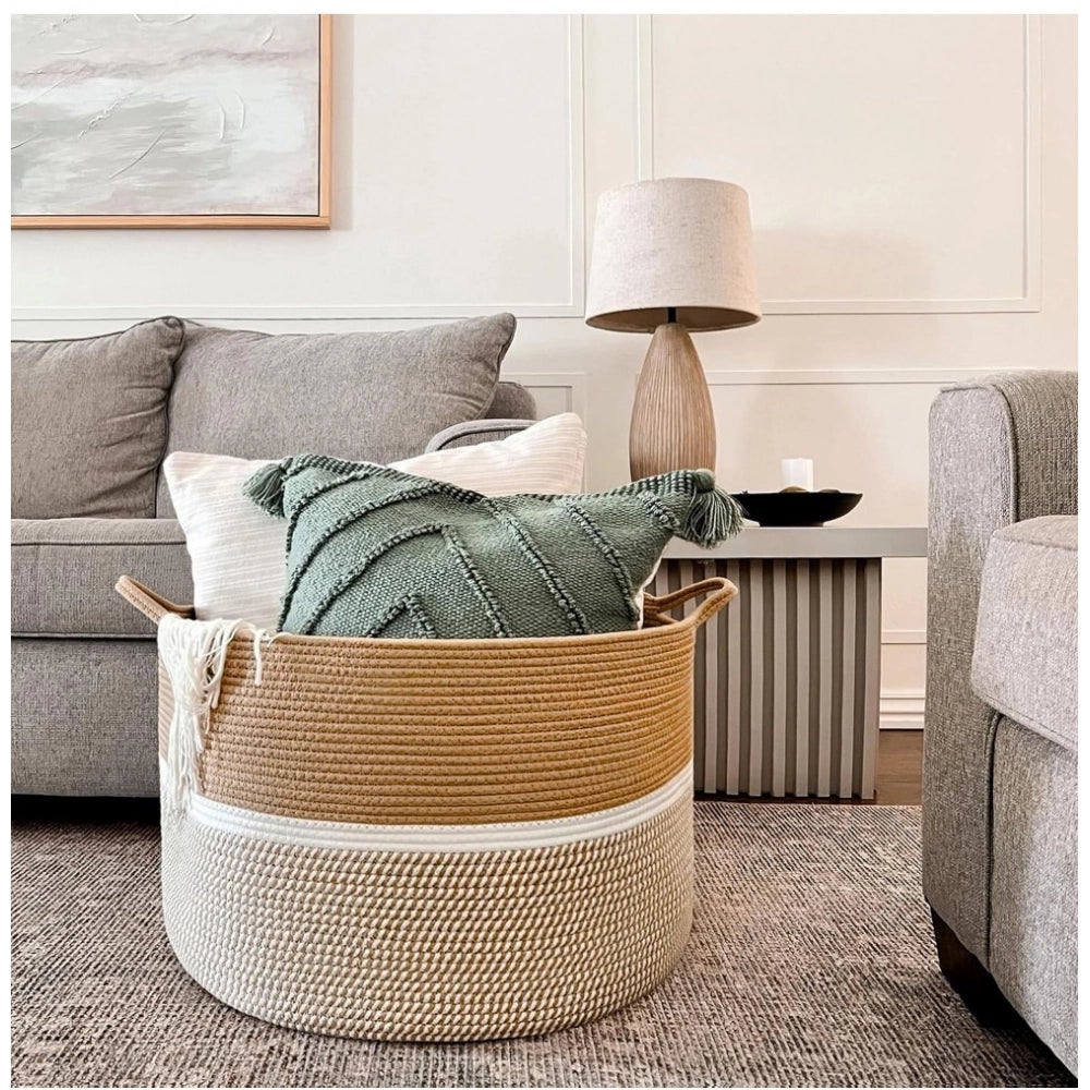 Cotton Dori 16x14 Inch Storage Basket For Clothes (Beige-Beige White)