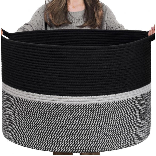 Cotton Dori 16x14 Inch Storage Basket For Clothes (Black-Black White)