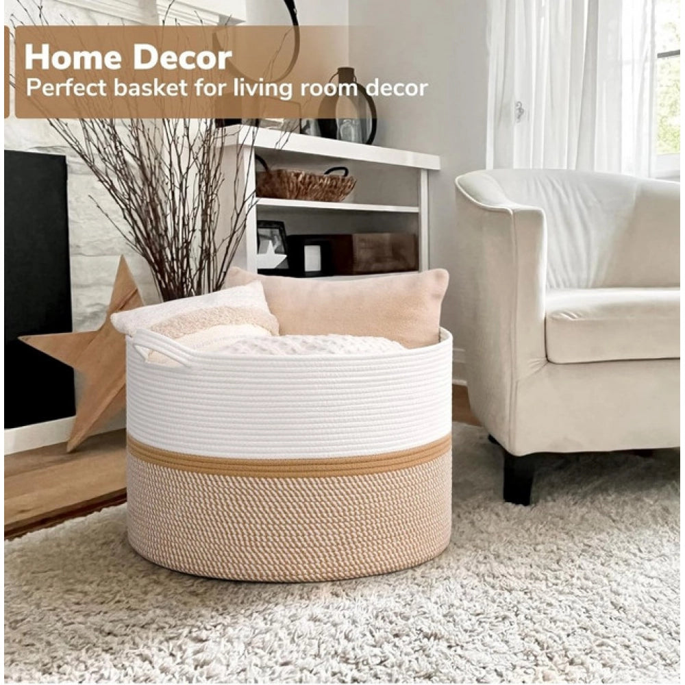 Cotton Dori 16x14 Inch Storage Basket For Clothes (White-Beige White)