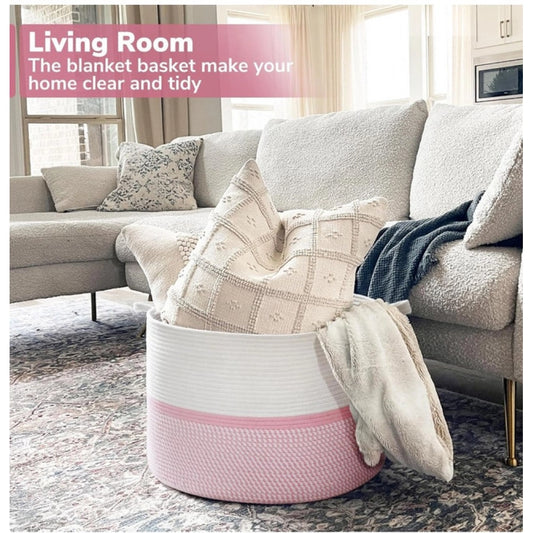 Cotton Dori 16x14 Inch Storage Basket For Clothes (White-Pink White)