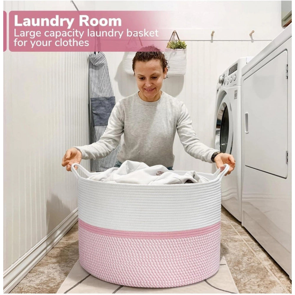 Cotton Dori 16x14 Inch Storage Basket For Clothes (White-Pink White)