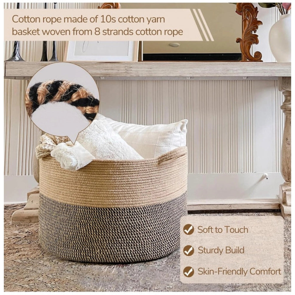 Cotton 16x14 Inch Pack of 1 Storage Basket For Clothes (Beige- Beige Black)