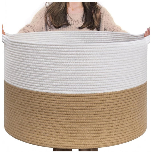 Cotton 16x14 Inch Pack of 1 Storage Basket For Clothes (Beige-White)