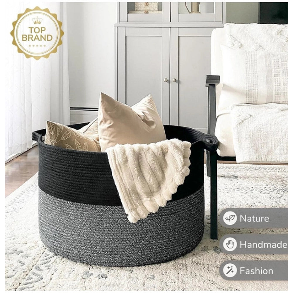 Cotton 16x14 Inch Pack of 1 Storage Basket For Clothes (Black)