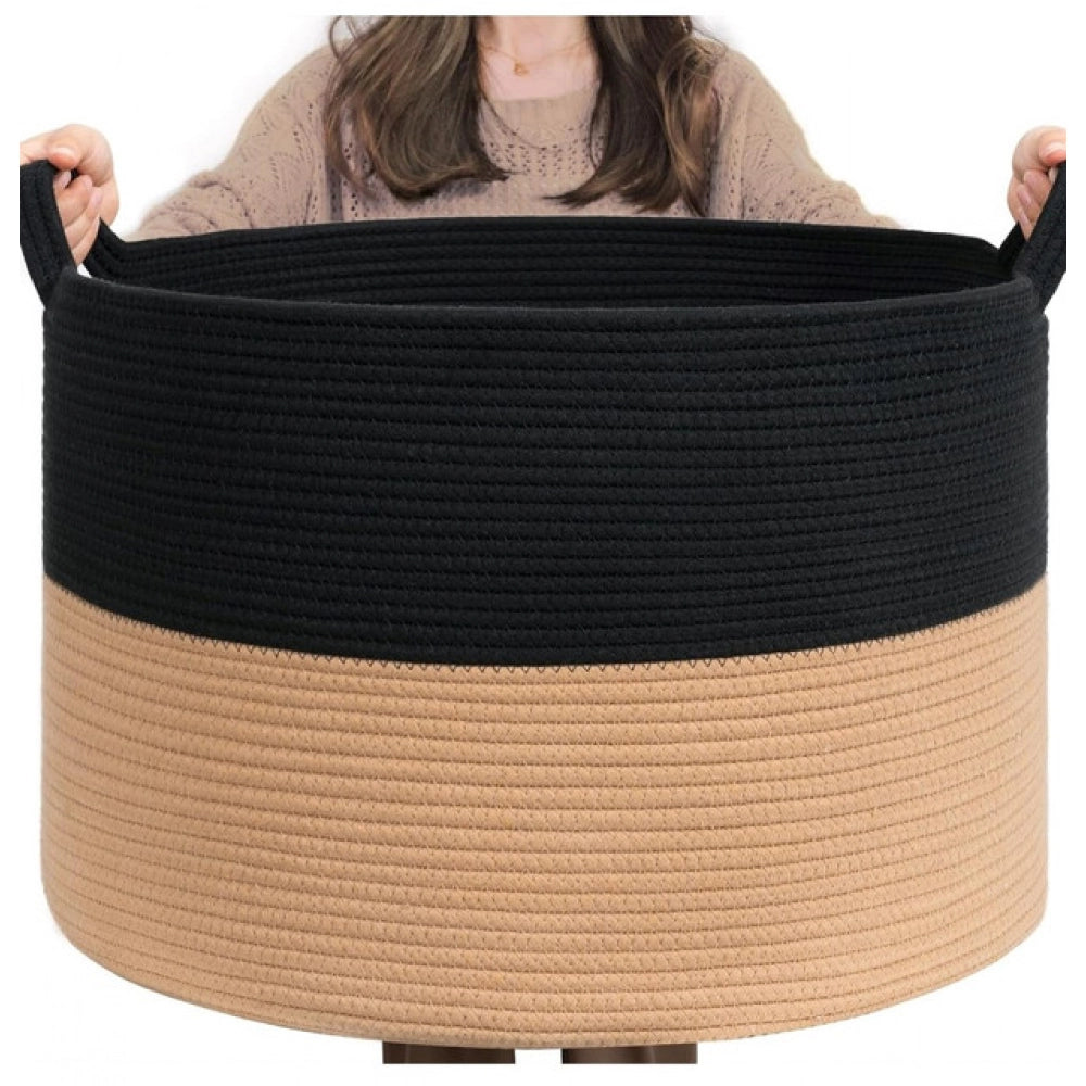 Cotton 16x14 Inch Pack of 1 Storage Basket For Clothes (Black-Beige)