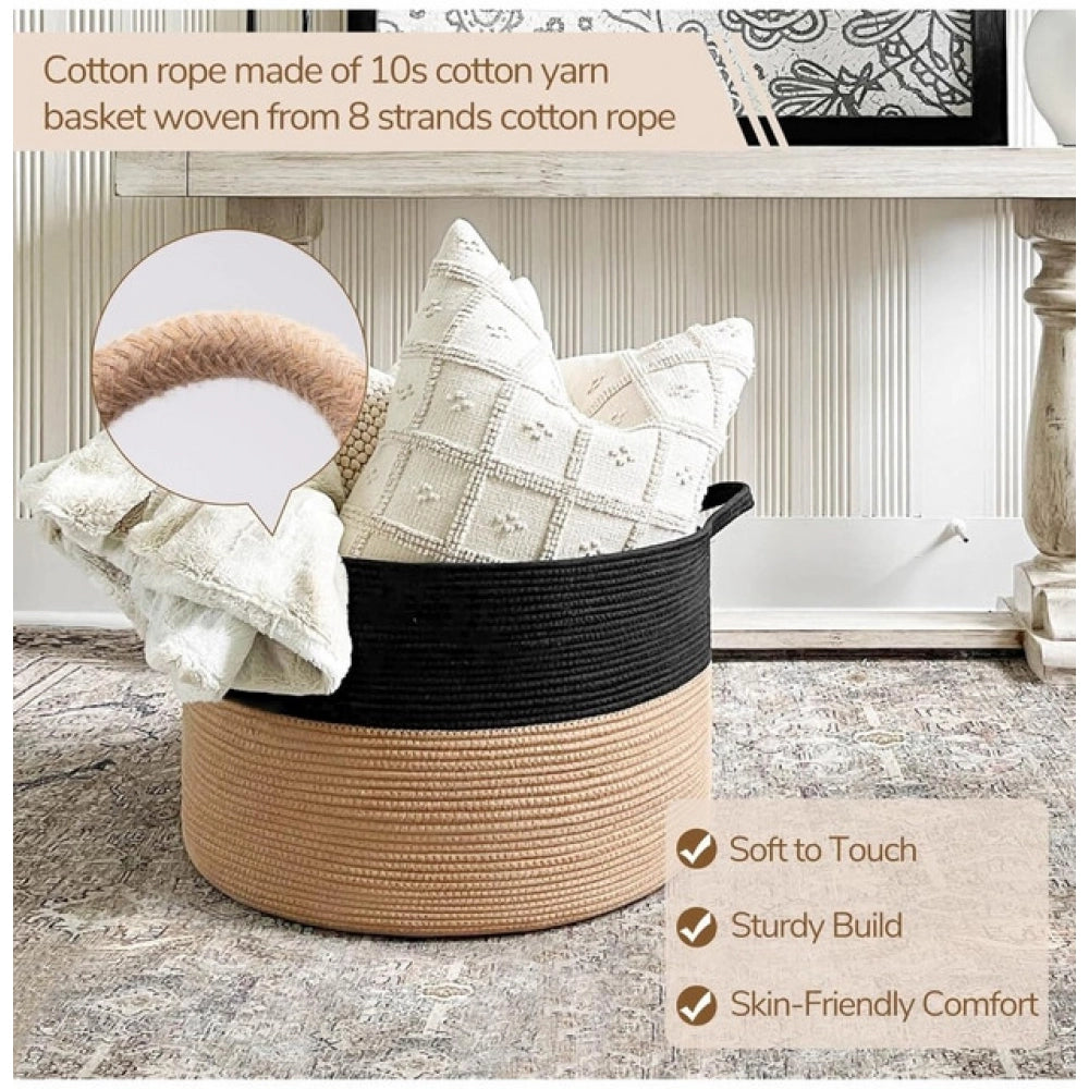 Cotton 16x14 Inch Pack of 1 Storage Basket For Clothes (Black-Beige)
