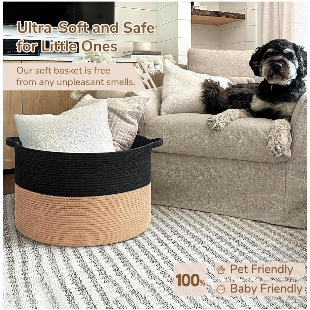 Cotton 16x14 Inch Pack of 1 Storage Basket For Clothes (Black-Beige)