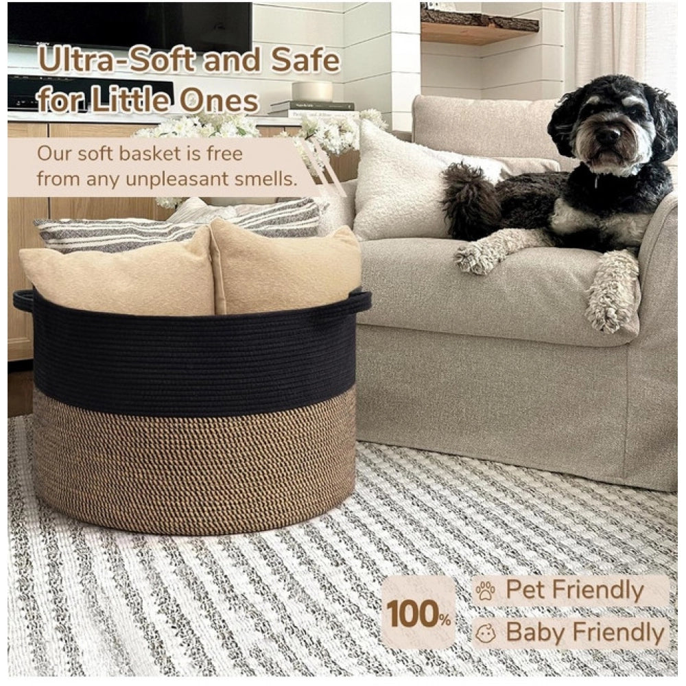 Cotton 16x14 Inch Pack of 1 Storage Basket For Clothes (Black- Beige Black)