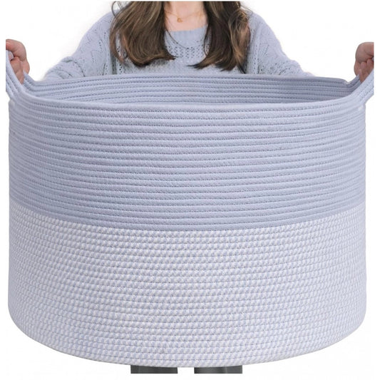 Cotton 16x14 Inch Pack of 1 Storage Basket For Clothes (Gray- Gray White)