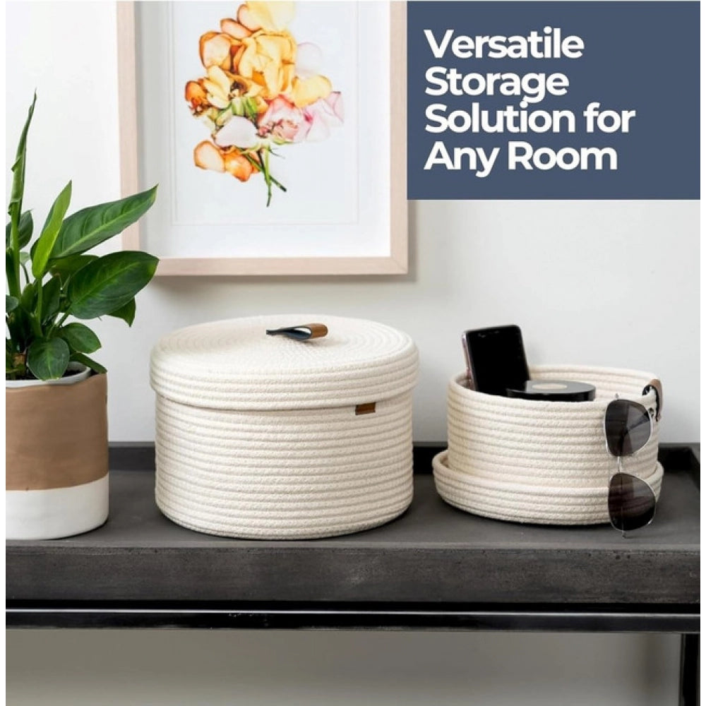 Cotton 2 Pcs Set Roti Box Storage Basket With Lid (White)