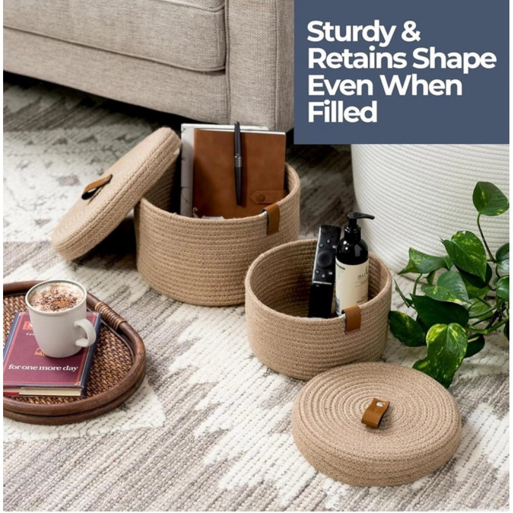 Cotton 3 Pcs Set Roti Box Storage Basket With Lid (Beige)