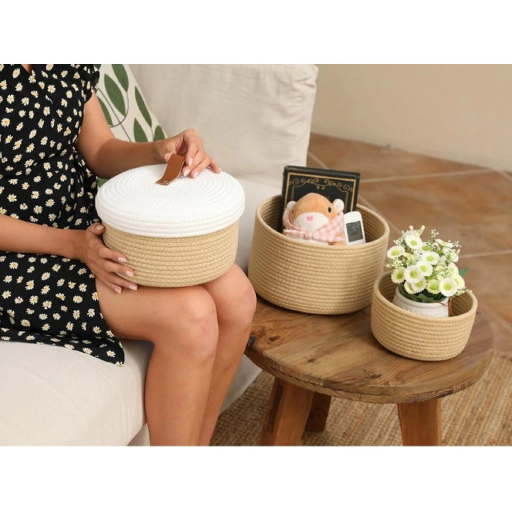 Cotton 3 Pcs Set Roti Box Storage Basket With Lid (Beige)