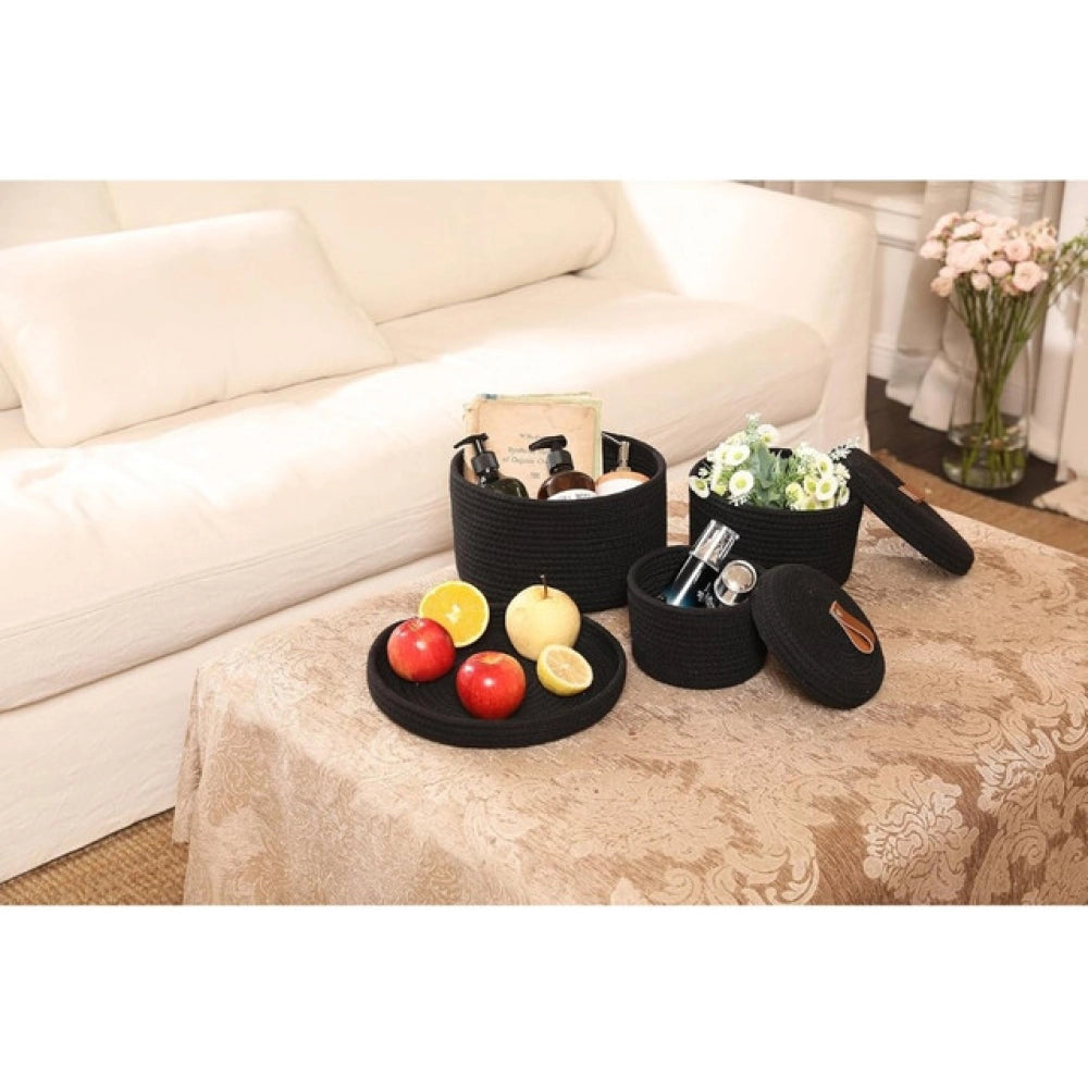 Cotton 3 Pcs Set Roti Box Storage Basket With Lid (Black)