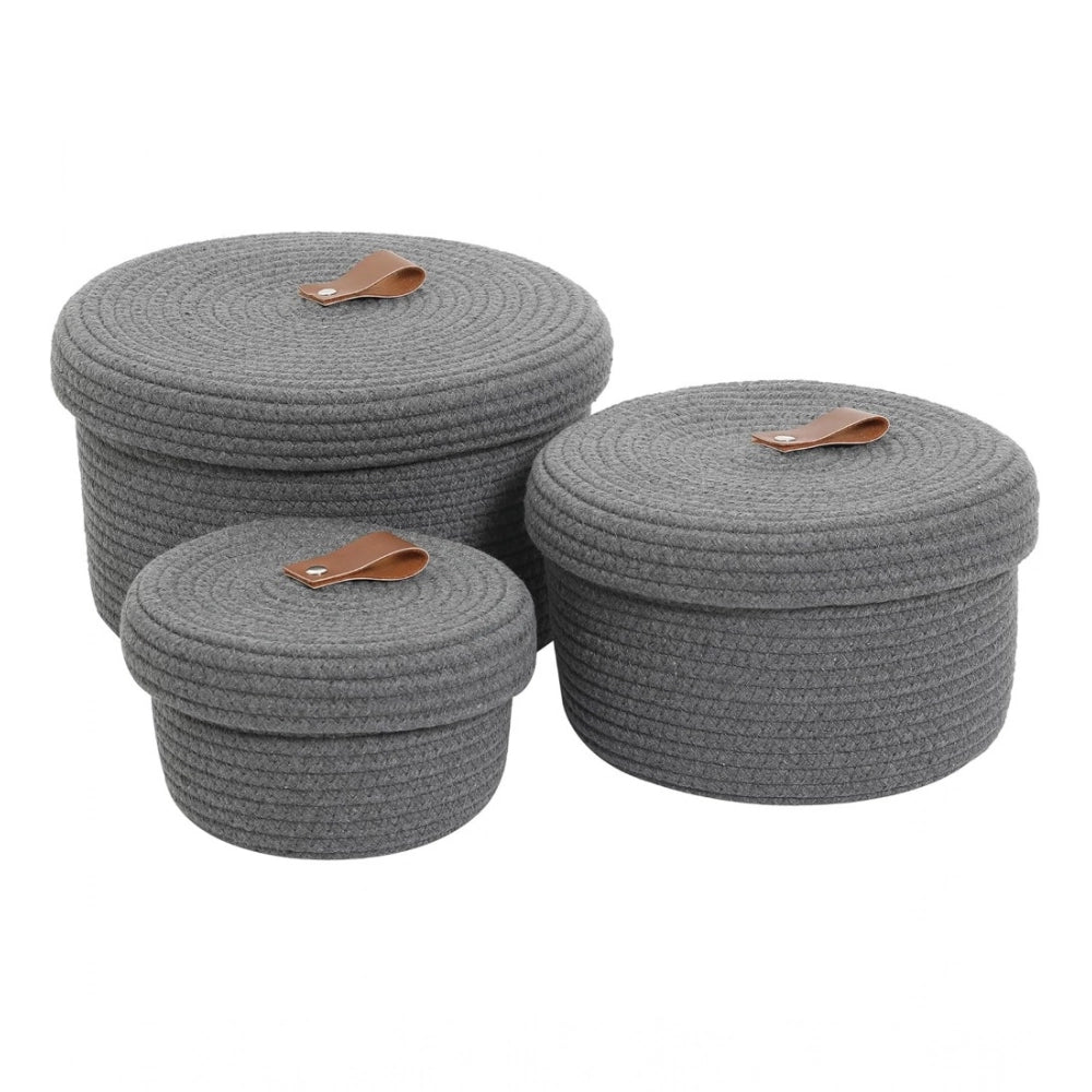 Cotton 3 Pcs Set Roti Box Storage Basket With Lid (Gray)