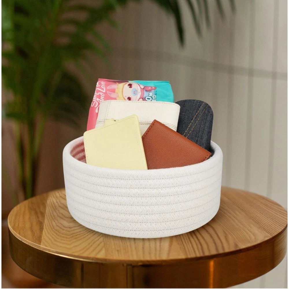 Cotton 8x3 Inch Round 1 Pcs Bedside Organizer (White)