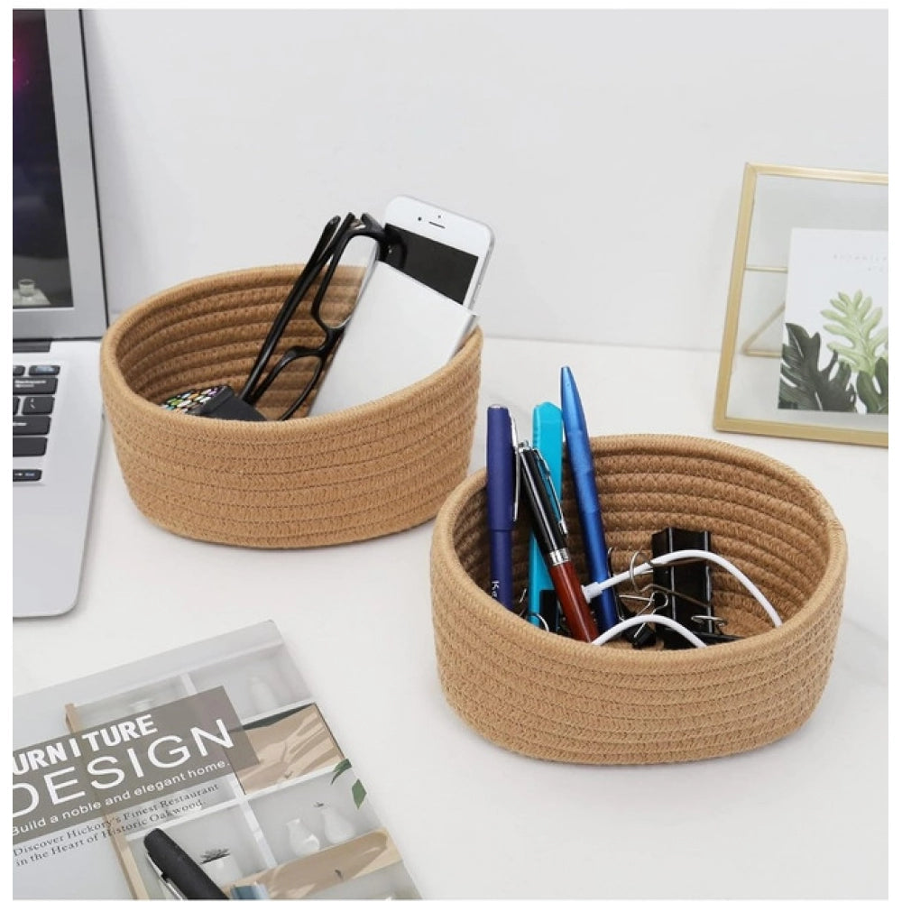 Cotton 8x3 Inch Round 2 Set Bedside Organizer (Beige)