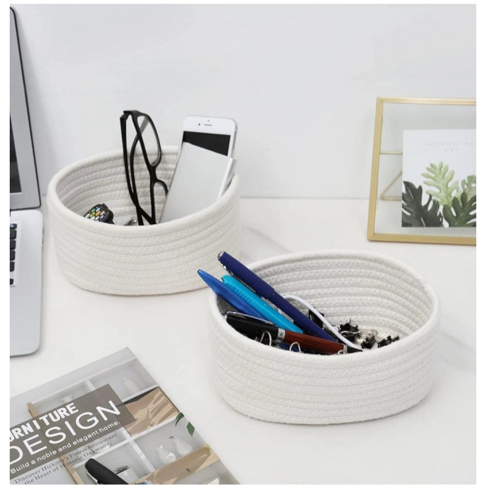 Cotton 8x3 Inch Round 2 Set Bedside Organizer (White)