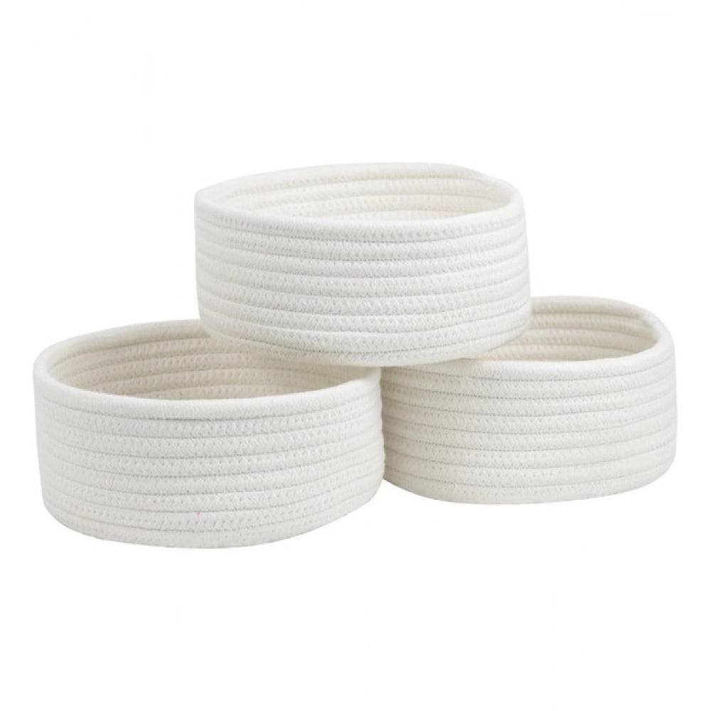 Cotton 8x3 Inch Round 3 Set Bedside Organizer (White)