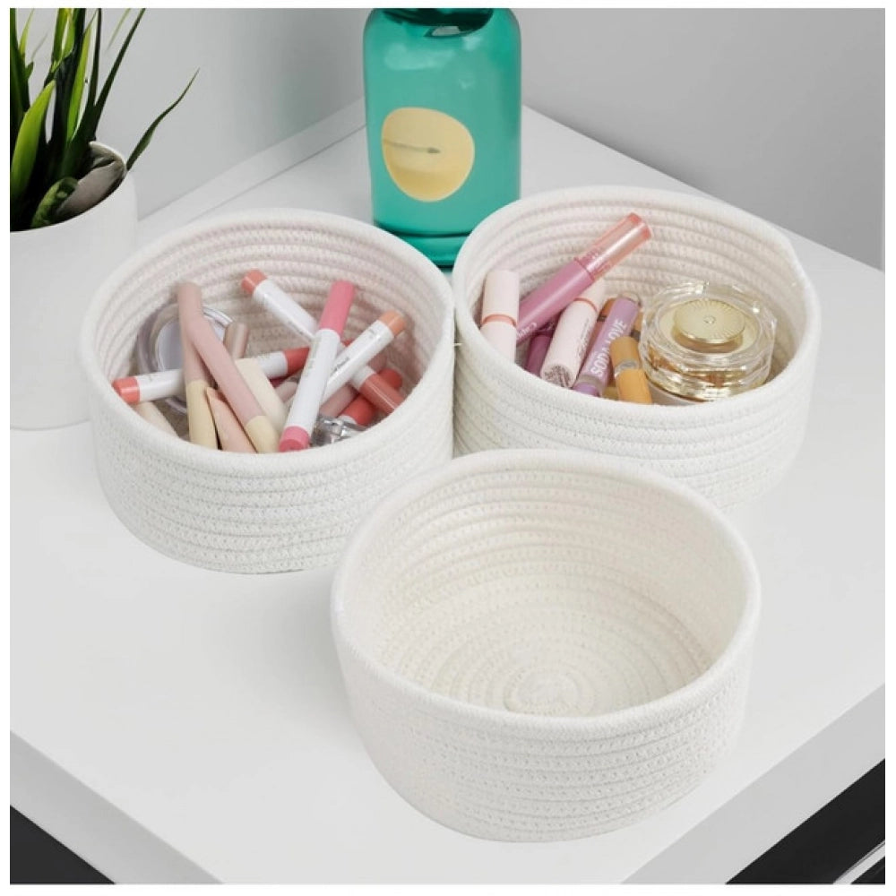 Cotton 8x3 Inch Round 3 Set Bedside Organizer (White)