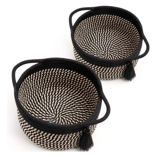 Cotton 8x4 Inch Round 2 Set With Jhalar Bedside Organizer (Black Beige)