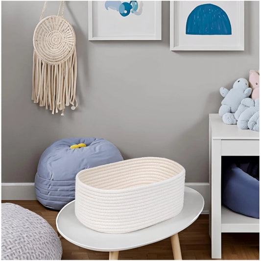 Cotton Oval 10x7x5 Inch Bedside Organizer (White)